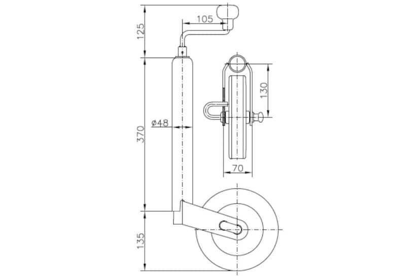 UNITRAILER ruotino di appoggio con morsetto 150 kg tubo 48 mm 505 730 mm ruota 200 x 50 mm per sosta e manovre, fissaggio stabile al timone del rimorchio per rimorchi e carrelli - 2