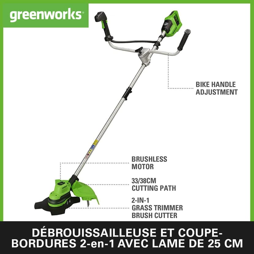 Greenworks 48V (24V x 2) Cordless Brushcutter with Grass Trimmer, 38cm Cutting Width, Bike Handle, 5.95kg Easy to use, 25cm Blade, Two of 24V 4Ah Batteries & Charger, 3 Year Guarantee - 2