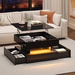 OKMYHOME Spanplatte Folding Coffee Table with LED and Hidden Storage, 2 Functional Drawers – 65 x 65 x 38.5 cm – Spanplatte Black