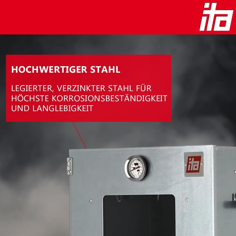 ITA Smoker Oven 7000 - Smoker Set with Table - Smoker Cabinet with Window and Thermometer - Alloy Steel - EU Quality - Direct from Manufacturer - 81 cm with 3 Levels - 5