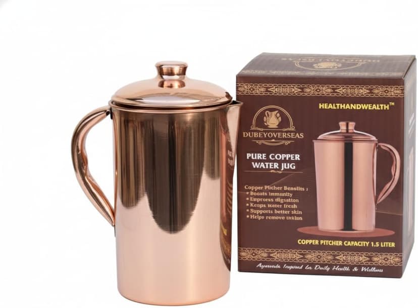 HEALTHANDWEALTH® Pichet en cuivre pur pour les bienfaits ayurvédiques de 1,5 litre fabriqué à la main en cuivre avec couvercle assorti | pour servir plus d'eau en famille - 1