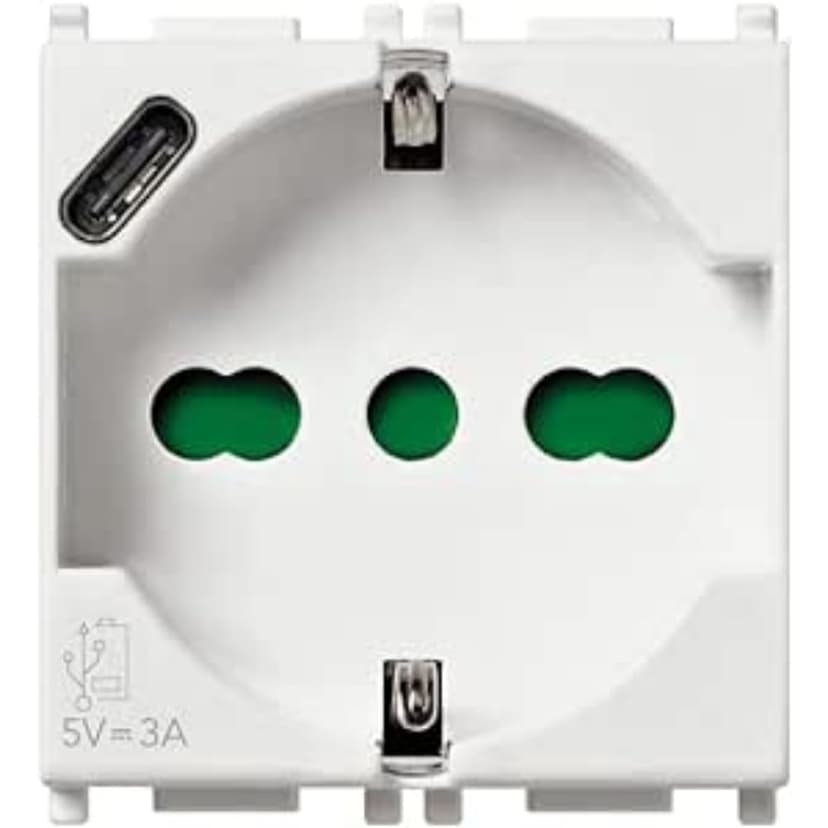 Vimar 14210.USB Plana prise 2 modules SICURY 2P+T 16 A 250 V universel standard italien P40 et sortie USB type C 5V et 3 A pour une charge rapide, blanc - 1