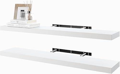 BAMEOS Lot de 2 étagères flottantes en Bois Blanches de 80 cm de Large avec Pinces Invisibles - Décoration Murale pour Chambre à Coucher, Salle de Bain, Salon et Cuisine