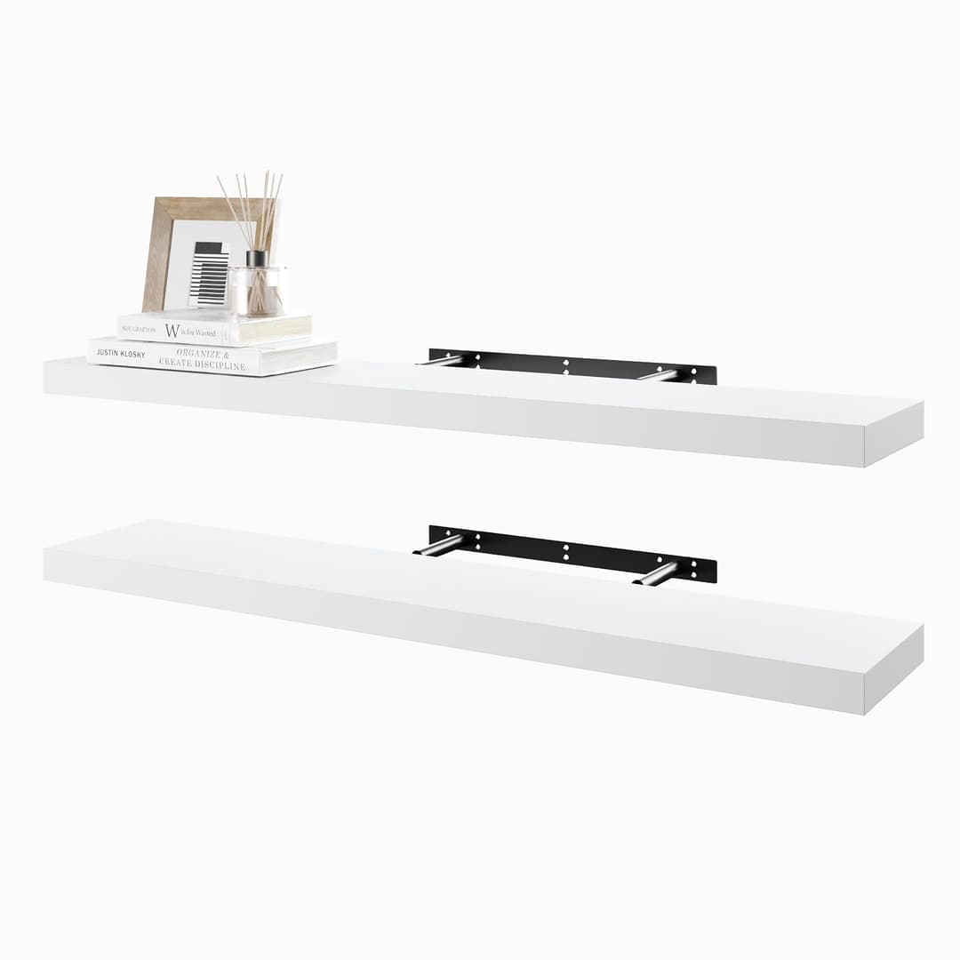 BAMEOS Lot de 2 étagères flottantes en Bois Blanches de 80 cm de Large avec Pinces Invisibles - Décoration Murale pour Chambre à Coucher, Salle de Bain, Salon et Cuisine
