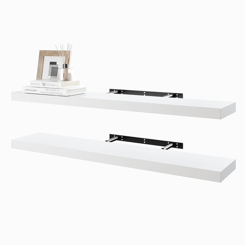 BAMEOS Lot de 2 étagères flottantes en Bois Blanches de 80 cm de Large avec Pinces Invisibles - Décoration Murale pour Chambre à Coucher, Salle de Bain, Salon et Cuisine - 1