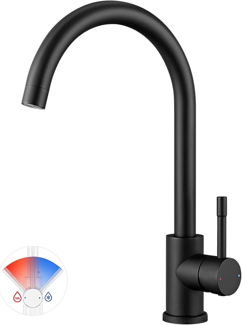 CECIPA Faucet kitchen black 360° rotatable, high pressure kitchen faucet black, mixer tap kitchen with high arc, single lever tap, sink fitting stainless steel, G3/8 connection fixture - 1