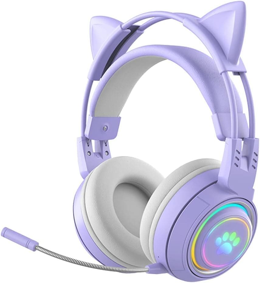 RGB Cat Ear Headphones,Bluetooth 5.3 Stereo Gaming Headset Over Ear Wireless Earphones with 50MM Driver/Detachable Mic/Elk Ears for Kids Adults