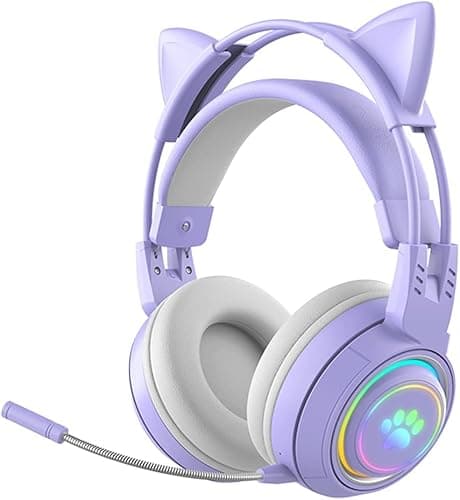 RGB Cat Ear Headphones,Bluetooth 5.3 Stereo Gaming Headset Over Ear Wireless Earphones with 50MM Driver/Detachable Mic/Elk Ears for Kids Adults