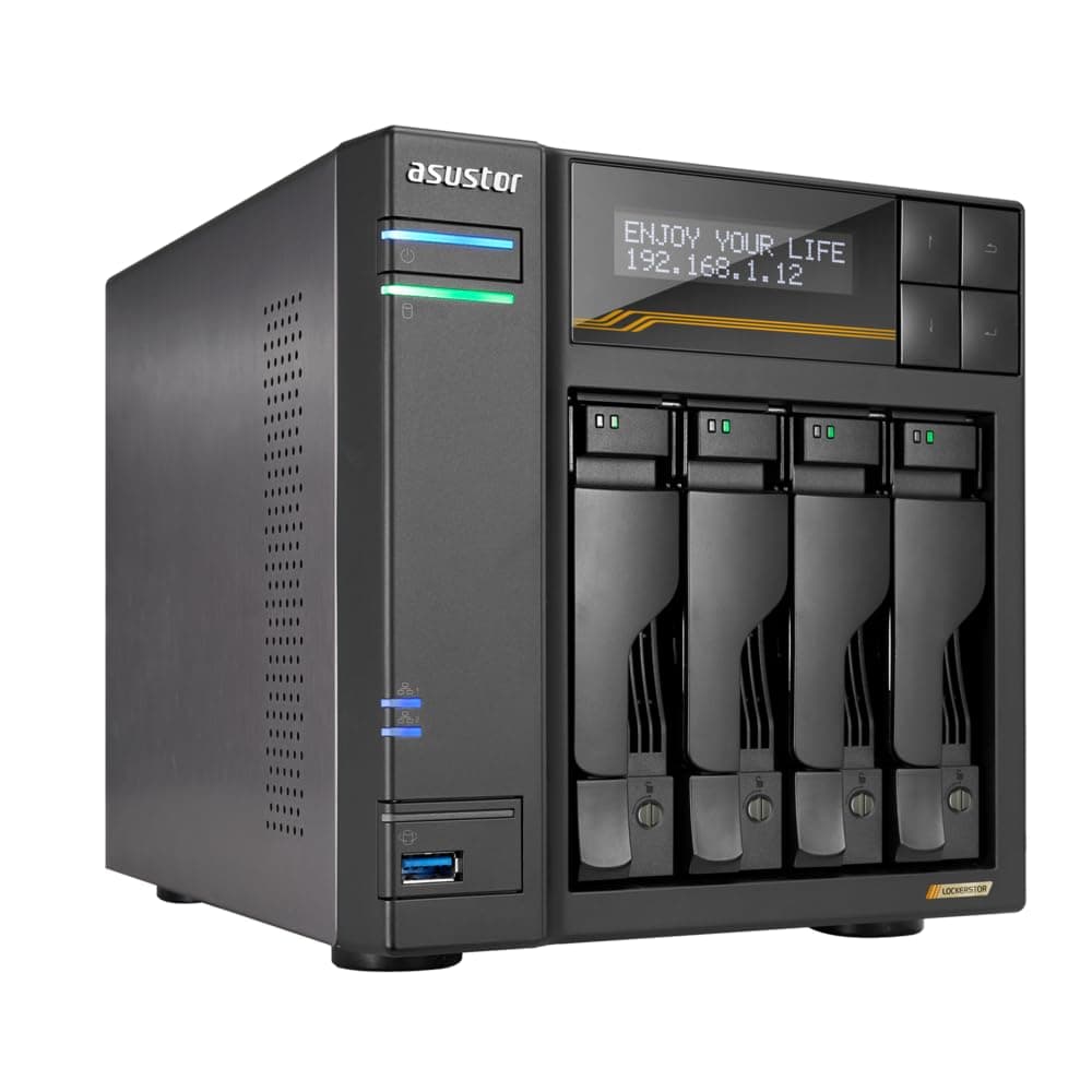 Asustor Lockerstor 4 Gen3 AS6804T, 4 Bay NAS Network Storage, AMD Ryzen Quad-Core 2.3 GHz, 16GB RAM ECC DDR5, 4 M.2 NVMe Slots, Dual 5GbE & Dual 10GbE Port, USB 4.0 Type-C, Network Attached Storage
