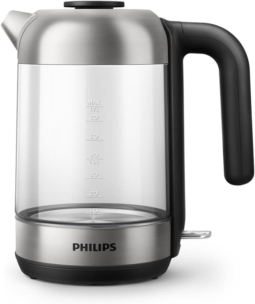 Philips Série 5000 Bouilloire Électrique en Verre - Capacité 1,7L, Résistance Plate pour Ébullition Rapide, Tamis Anti-Calcaire, Base 360° Sans Fil, Couvercle Amovible, Voyant Bleu (HD9339/80) - 1
