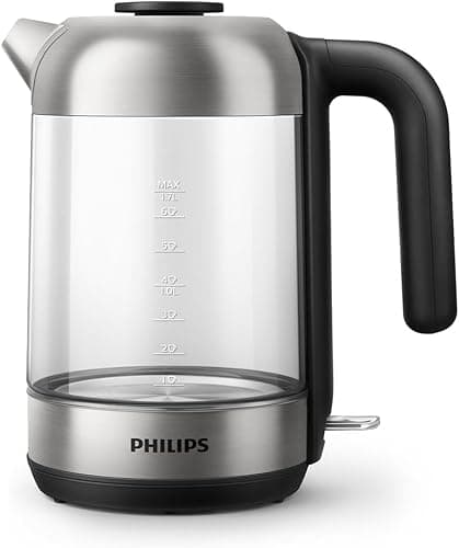 Philips Série 5000 Bouilloire Électrique en Verre - Capacité 1,7L, Résistance Plate pour Ébullition Rapide, Tamis Anti-Calcaire, Base 360° Sans Fil, Couvercle Amovible, Voyant Bleu (HD9339/80)