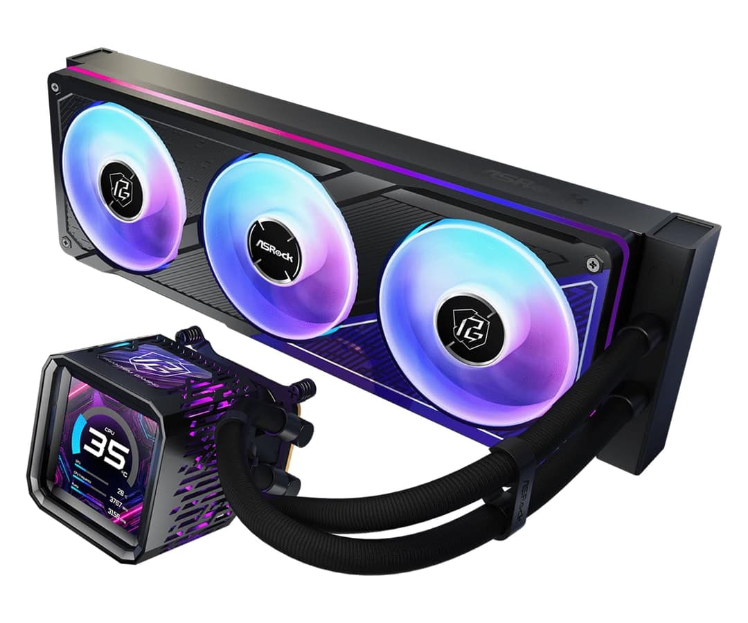 ASRock Phantom Gaming 360 LCD All-in-One CPU Liquid Cooler, 3.4" Full-Color LCD Display, 3-Phase Pump, Dual-Inlet, 360mm Radiator, 0dB Mode, 6-Year Warranty