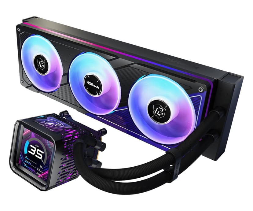 ASRock Phantom Gaming 360 LCD All-in-One CPU Liquid Cooler, 3.4" Full-Color LCD Display, 3-Phase Pump, Dual-Inlet, 360mm Radiator, 0dB Mode, 6-Year Warranty - 1