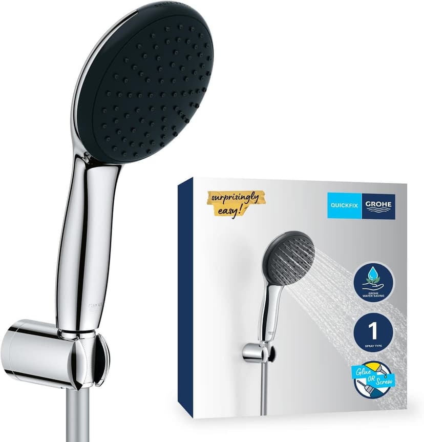 GROHE Vitalio Start 110 - Shower Set (Round 11 cm Hand Shower 1 Spray: Rain, Anti-Limescale System, Shower Hose 1.75 m, Wall Holder, Water Saving), Easy to Fit with GROHE QuickGlue, Chrome, 27944001 - 1