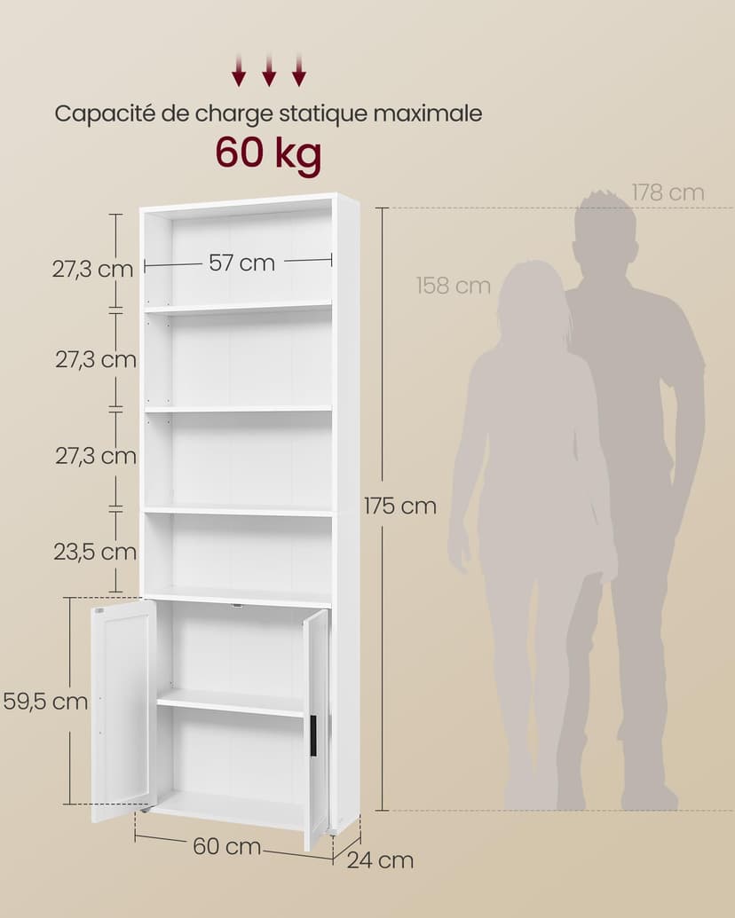 VASAGLE Bookcase, 6-Tier Tall Bookshelf, Book Shelf with Doors, Shelving Unit, 24 x 60 x 175 cm, for Living Room, Home Office, Dinning Room, Cloud White LBC402W01 - 6