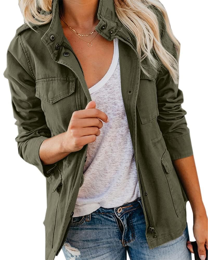 Imily Bela Womens Jacket Ladies Utility Jacket Stand-Up Collar Parka Lightweight with Multiple Pockets Autumn(Army Green, M) - 1