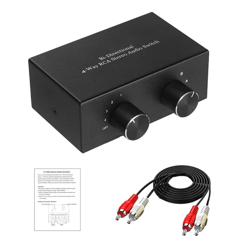 UNSTINCER RCA L/R Audio Switch 4(2) in-2(4) out, Bidirectional Noiseless hifi Stereo Audio Splitter Box, Analogue Aux Line Selector for Headphone Game Console Soundbar TV Speaker Turntalbe, Metal - 7