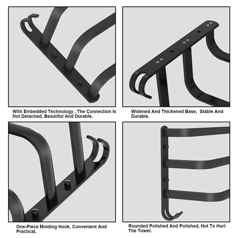 HONPHIER Towel Rails Wall Mounted 3 Tier Towel Rack With Hooks Space Aluminum Towel Rack Bathroom Towel Holder No Fading Towel Shelves For Kitchen Bathroom Toilet Hotel Office (Black, 50CM) - 3