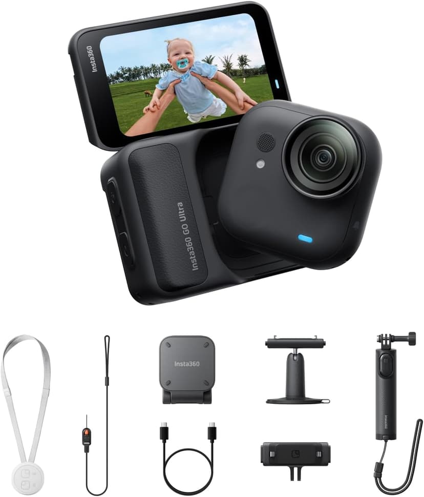 Insta360 GO Ultra Creator-Bundle Nachtschwarz - freihändige 4K Mini-Cam, leicht & mobil, top bei wenig Licht, überall anbringbar, FlowState-Stabilisierung, 200 Min Akku, 10 m wasserdicht, Lauf-Cam - 1