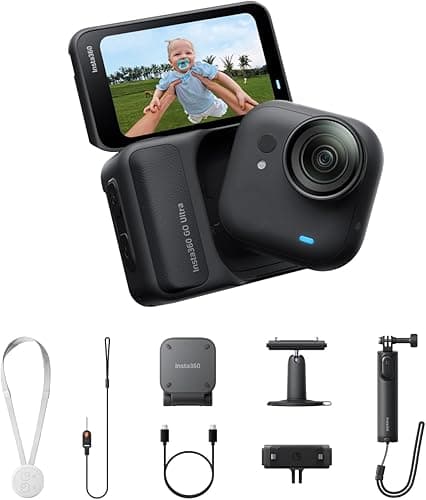 Insta360 GO Ultra Creator-Bundle Nachtschwarz - freihändige 4K Mini-Cam, leicht & mobil, top bei wenig Licht, überall anbringbar, FlowState-Stabilisierung, 200 Min Akku, 10 m wasserdicht, Lauf-Cam