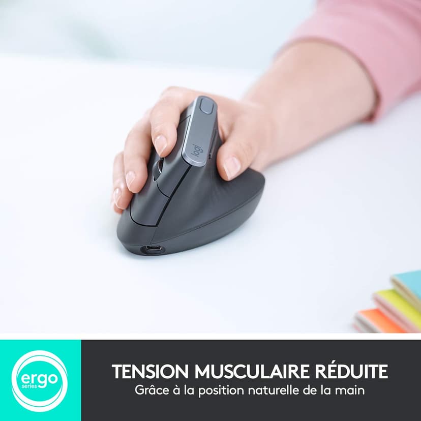 Logitech MX Vertical Souris Ergonomique sans Fil, Multi-Dispositifs, Bluetooth ou 2,4 GHz avec Récepteur USB Unifying, Suivi Optique 4000 PPP, 4 Boutons, Charge Rapide,Portable/PC/Mac/iPad OS-Graphite - 2