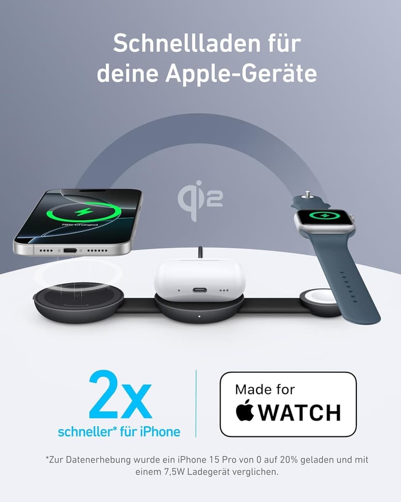 Anker MagGo Chargeur Induction iPhone Station de Recharge Sans Fil 3 en 1 Compatible MagSafe, Certifié Qi2 15W, Chargeur de Voyage pliable, iPhone 17/16/15, AirPods,Apple Watch (chargeur USB-C inclus) - 3