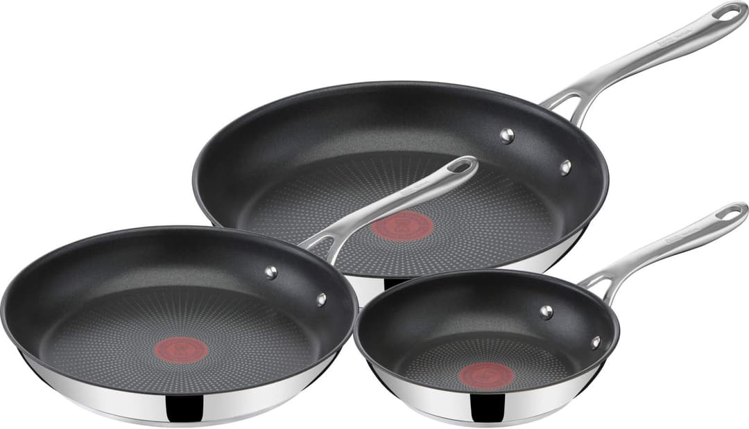 Jamie Olivers Cook's Direct Inox Batterie de cuisine 3 poêles 20/24/28 cm, Revêtement antiadhésif, Indicateur de cuisson, Poignée sûre rivetée, Induction E304S344