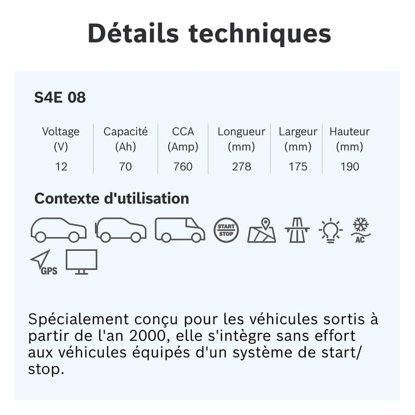 Bosch S4E08 - car battery - 70A/h - 760A - EFB technology - adapted for vehicles with Start/Stop system - 6