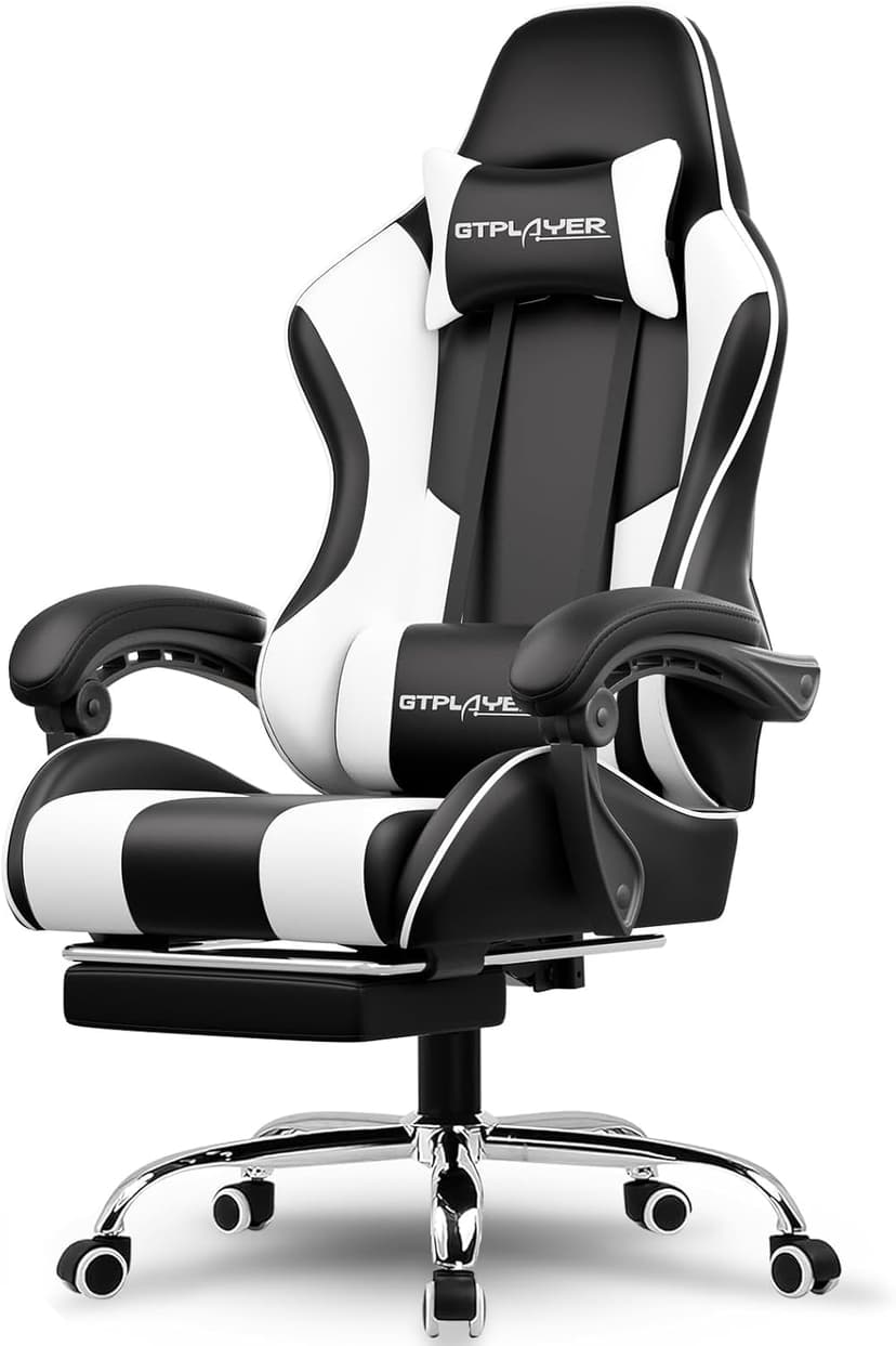 GTPLAYER Gaming Chair, Massage Computer Chairs with Footrest, Headrest and Lumbar Support Height Adjustable Ergonomic 360°-Swivel PC Chair White - 1