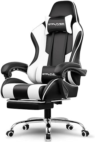 GTPLAYER Gaming Chair, Massage Computer Chairs with Footrest, Headrest and Lumbar Support Height Adjustable Ergonomic 360°-Swivel PC Chair White