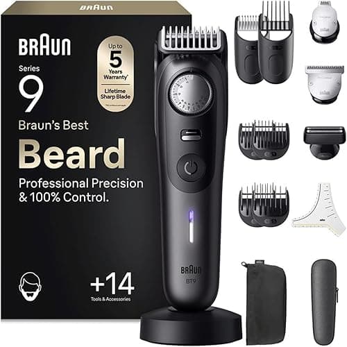 Braun Beard Trimmer Men Series 9, +14 Barbering Tools, Power Boost & Lifetime Sharp ProBlade, 180 Min, with Fade, 52 Lengths, PrecisionWheel & Lock, Waterproof, BT9565, Titanium