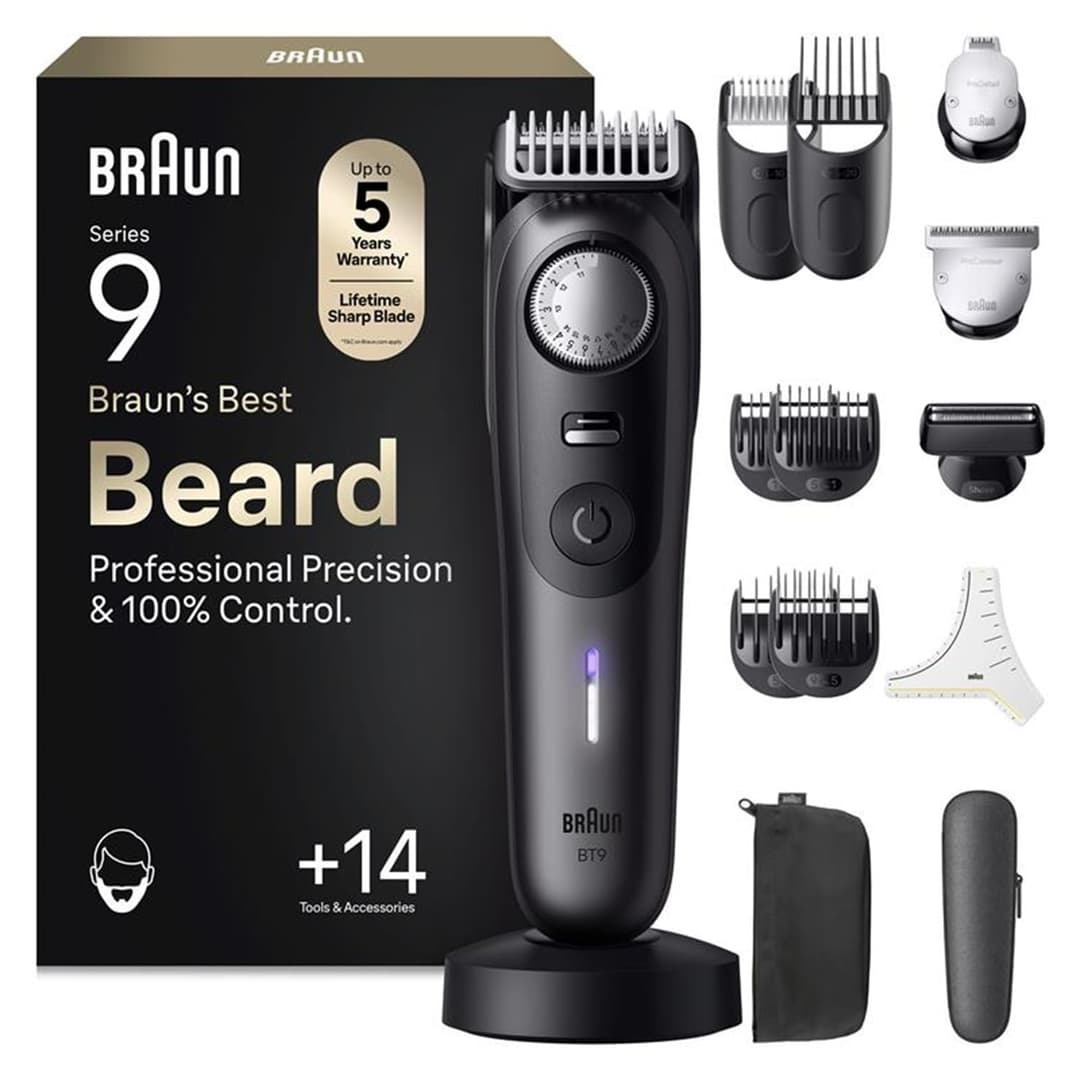 Braun Beard Trimmer Men Series 9, +14 Barbering Tools, Power Boost & Lifetime Sharp ProBlade, 180 Min, with Fade, 52 Lengths, PrecisionWheel & Lock, Waterproof, BT9565, Titanium