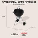 Weber Original Kettle Premium Charcoal Barbecue, 57 cm Cooking Surface, Porcelain-Enamelled Lid and Kettle, One-Touch Cleaning System, Lid Thermometer, Tripod Stand with Wheels, Black (1502210) - 2