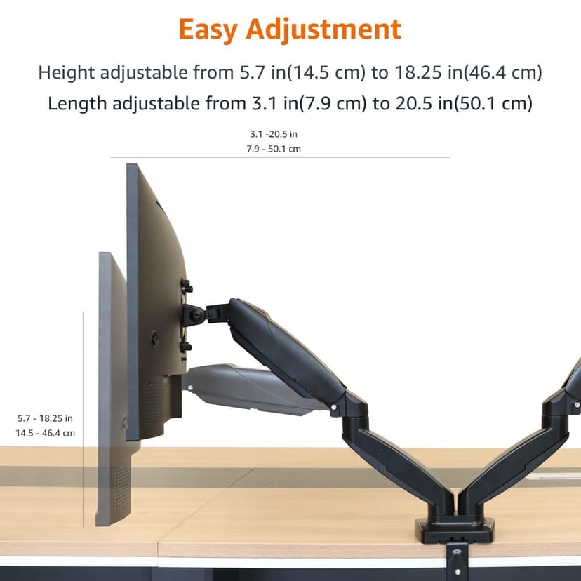 Amazon Basics Gas Spring Dual Computer Monitor Arm Mount, Adjustable, Holds Monitors up to 27 Inches (68.6 cm), Black - 5