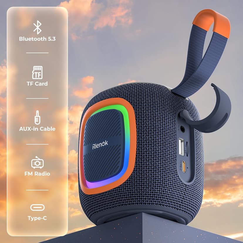 RIENOK Bluetooth Speaker Wireless Portable Waterproof Speaker with Lights FM Radio 15-Hour Playtime Bluetooth 5.3 TF Card USB Playback Mini for Home Garden Party Camping Travel - 2