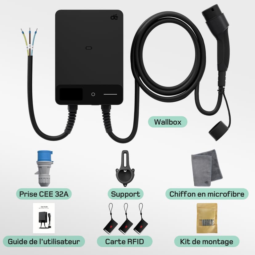 dé Wallbox 7.4 kW with Electricity Meter [1-Phase|400V|6-32A], Home Charging Station 7.5 m Charging Cable CEE 32A to Type 2 EV Charger, CE Certified with Cable Holder for EV and PHEV, Black - 7