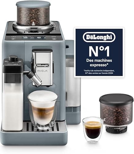 Delonghi Rivelia EXAM440.55.G, Fully Automatic Coffee Machine with LatteCrema Hot, Automatic Milk Frother, Compact Size Bean to Cup Coffee Machine, 16 Recipes, Full Touch Colored Display, Pebble Grey