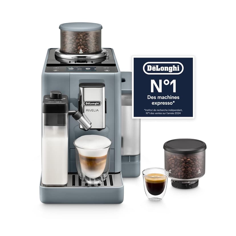 Delonghi Rivelia EXAM440.55.G, Fully Automatic Coffee Machine with LatteCrema Hot, Automatic Milk Frother, Compact Size Bean to Cup Coffee Machine, 16 Recipes, Full Touch Colored Display, Pebble Grey - 1