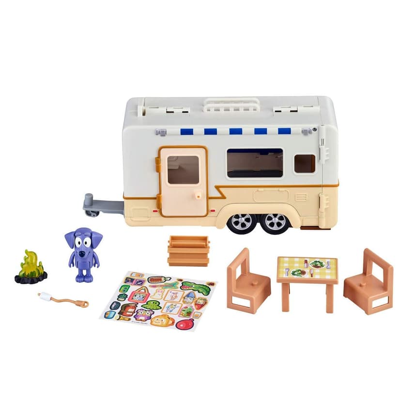 Bluey – Ensemble de Jeu Aventure Caravan de Bluey rabattable et dépliable avec cuisine et lits de camp – une figurine Jean-Luc articulée de 6.3 cm et des accessoires de feu de camps inclus. - 1