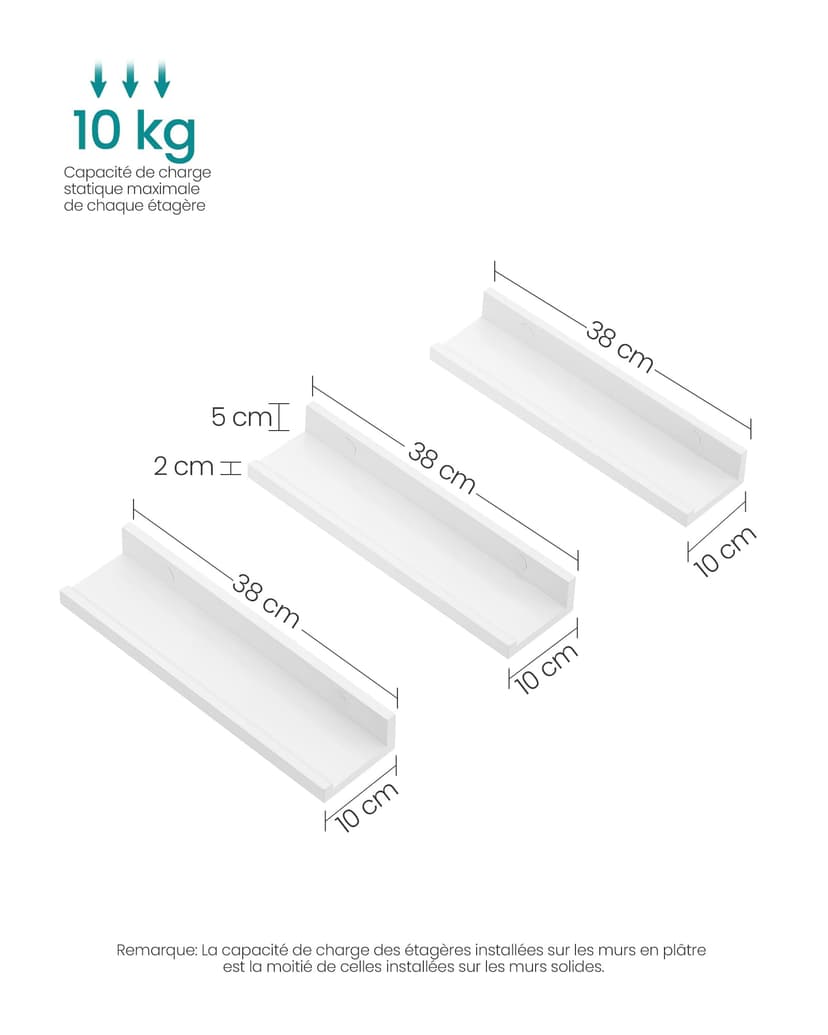 SONGMICS Wall Shelf 3 Set Floating Shelves Ledge for Picture Frames and Books, 38 x 10 cm, MDF White LWS38WT - 6