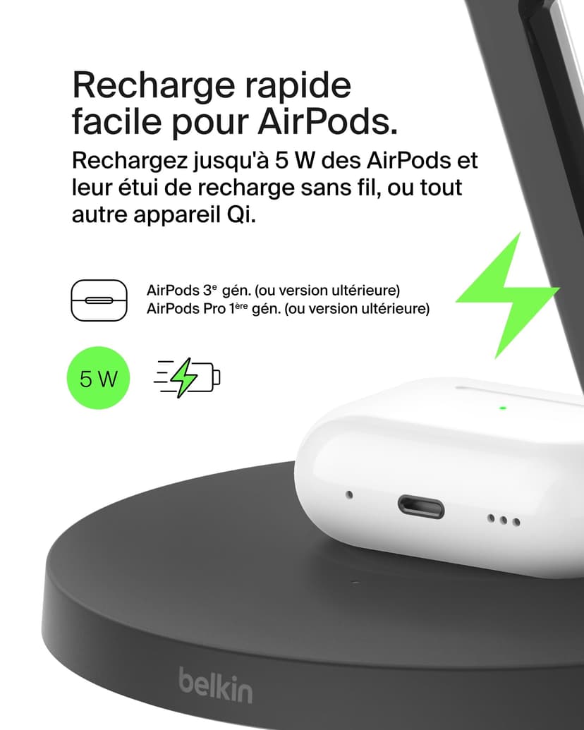 Belkin MagSafe 3 in 1 Wireless Charger, MagSafe Charging Station 15W Fast Charging for iPhone and AppleWatch, Charging AirPods Charging Station for iPhone 16, 15, 14, 13, Apple Watch, AirPods - 5