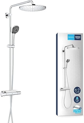 GROHE Vitalio Joy 310 - Cool Touch Thermostatic Mixer Shower Set (Water Saving Technology, Rain, Soap Tray, 110 mm 3 Spray Hand, Silicone Nozzles, Hose 1.75 m), Chrome, 26401001