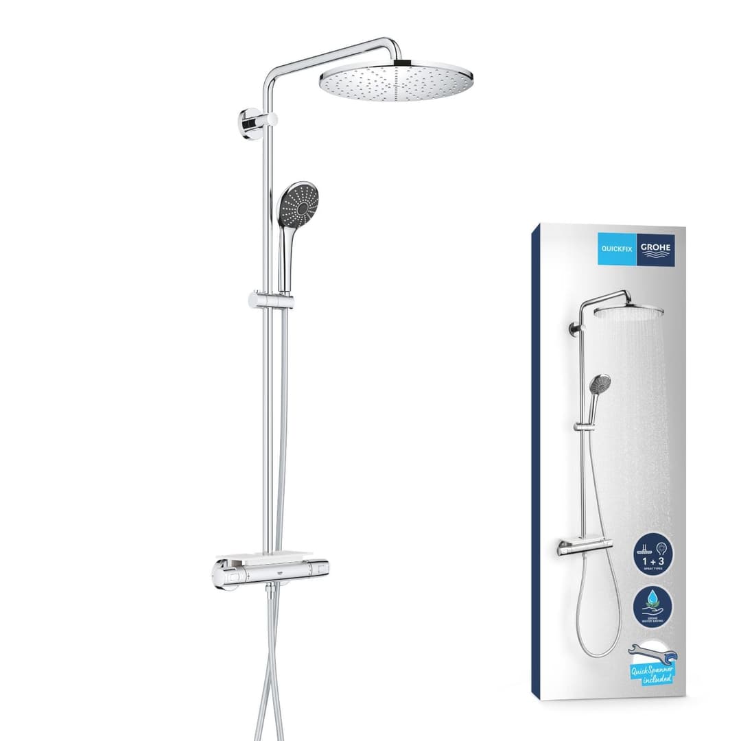 GROHE Vitalio Joy 310 - Cool Touch Thermostatic Mixer Shower Set (Water Saving Technology, Rain, Soap Tray, 110 mm 3 Spray Hand, Silicone Nozzles, Hose 1.75 m), Chrome, 26401001