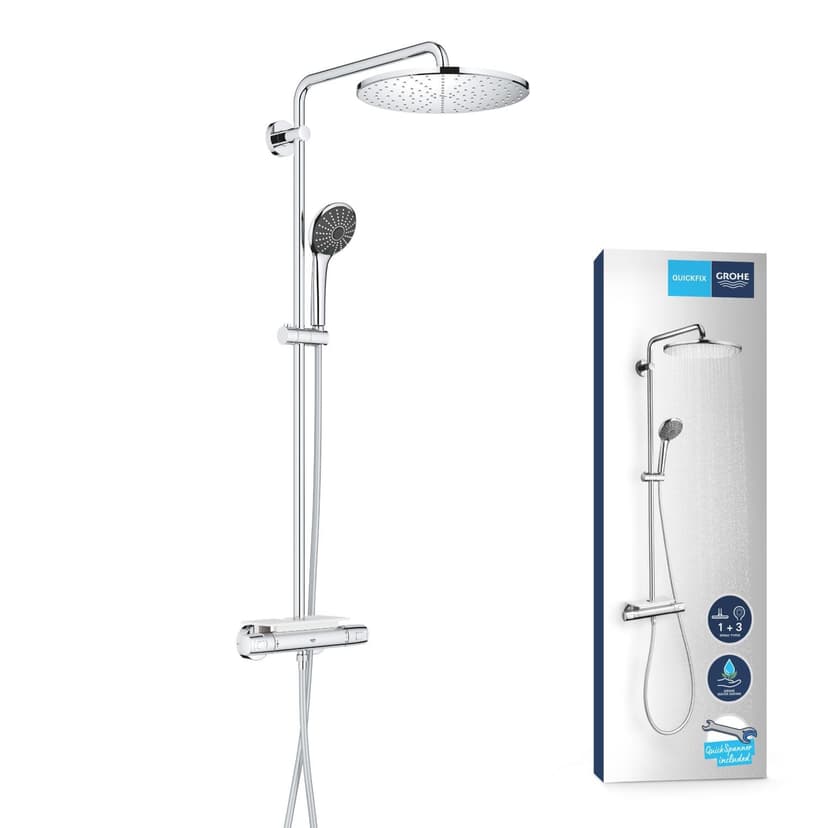 GROHE Vitalio Joy 310 - Cool Touch Thermostatic Mixer Shower Set (Water Saving Technology, Rain, Soap Tray, 110 mm 3 Spray Hand, Silicone Nozzles, Hose 1.75 m), Chrome, 26401001 - 1