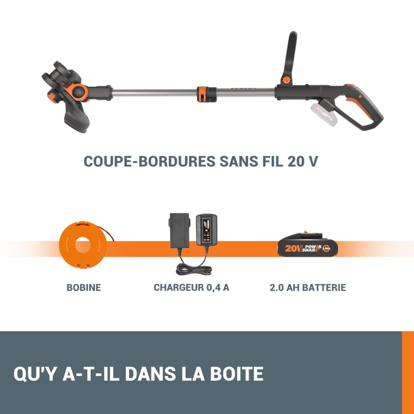 WORX Coupe-Bordures 2 en 1 sans Fil 20V WG163E.1, diamètre de 30 cm, se transforme en dresse-bordures, poignée Amovible, capot de protection, tête amovible 90°, livré avec une batterie 2Ah et chargeur - 9