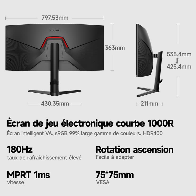 KOORUI 34-Zoll Curved Monitor,Gaming Bildschirm,WQHD 3440×1440 VA,180Hz + 1 MS MPRT,HDR400,99% sRGB, unterstützt 110mm Höhenverstellung,Schwarz,Für Heimkino,Büroalltag,Designbearbeitung - 6