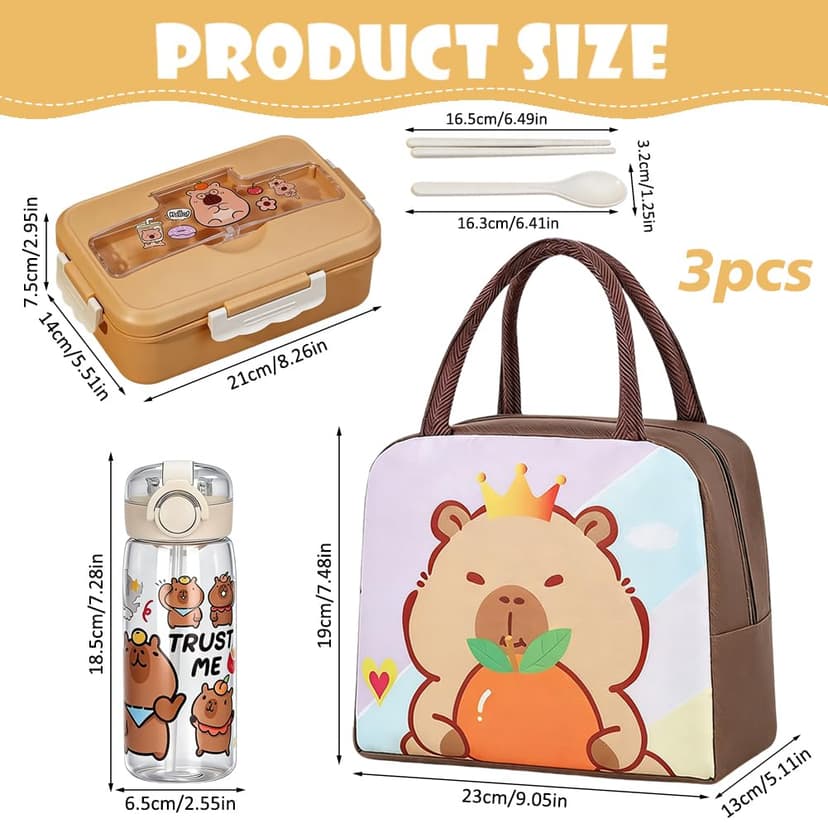 GVMJHYK Capybara Water Bottle with Bento Lunch Box, Pack of 3, Capybara Lunch Bag, Cartoon Animals Cute Water Bottle, Cartoon Lunch Box Children Suitable for Children School or Nursery (Capybara-C) - 2