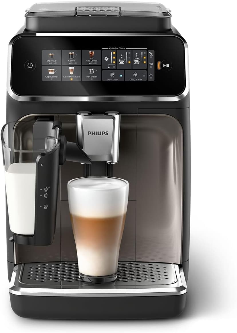 Philips Expresso broyeur Série 3300-6 Boissons, Écran tactile coloré, Carafe LatteGo, 40% plus silencieux grâce à SilentBrew, Broyeur 100% Céramique, Machine à café à grain Noir Chrome (EP3347/90) - 1