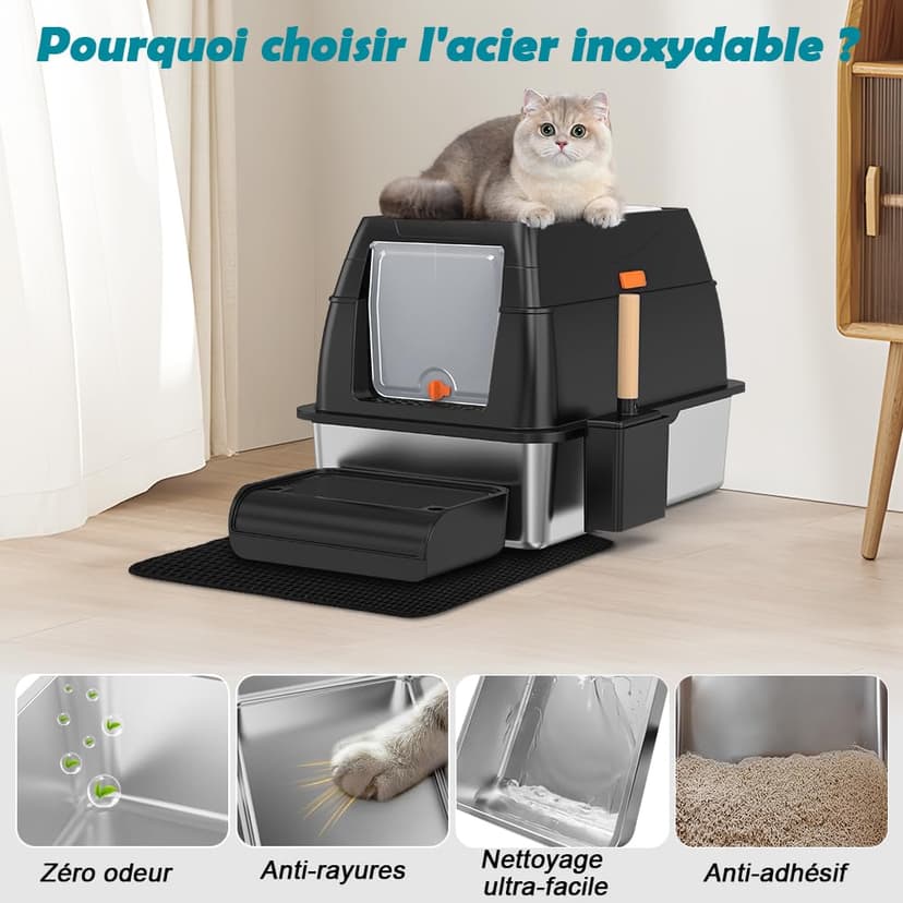 SZEETECH Bac Litiere pour Chat XL, Litière en Acier Inoxydable avec Couvercle, Bac Litiere pour Chat, Cat Litter Box, Pelle+Tapis+Marchepied- 60x40x39,5 cm (Noir) - 3