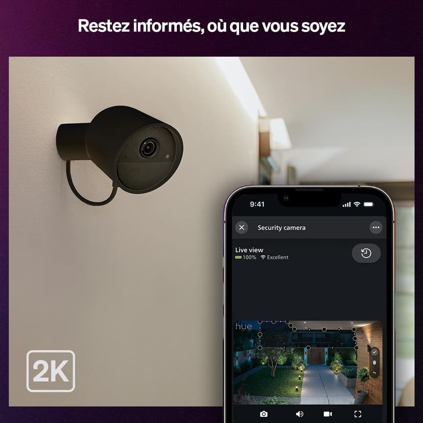 Philips Hue Caméra de surveillance filaire Secure, résolution vidéo 2K, notifications, intégration avec éclairages Philips Hue, Caméra extérieure et intérieure filaire en alimentation continue, noir - 2